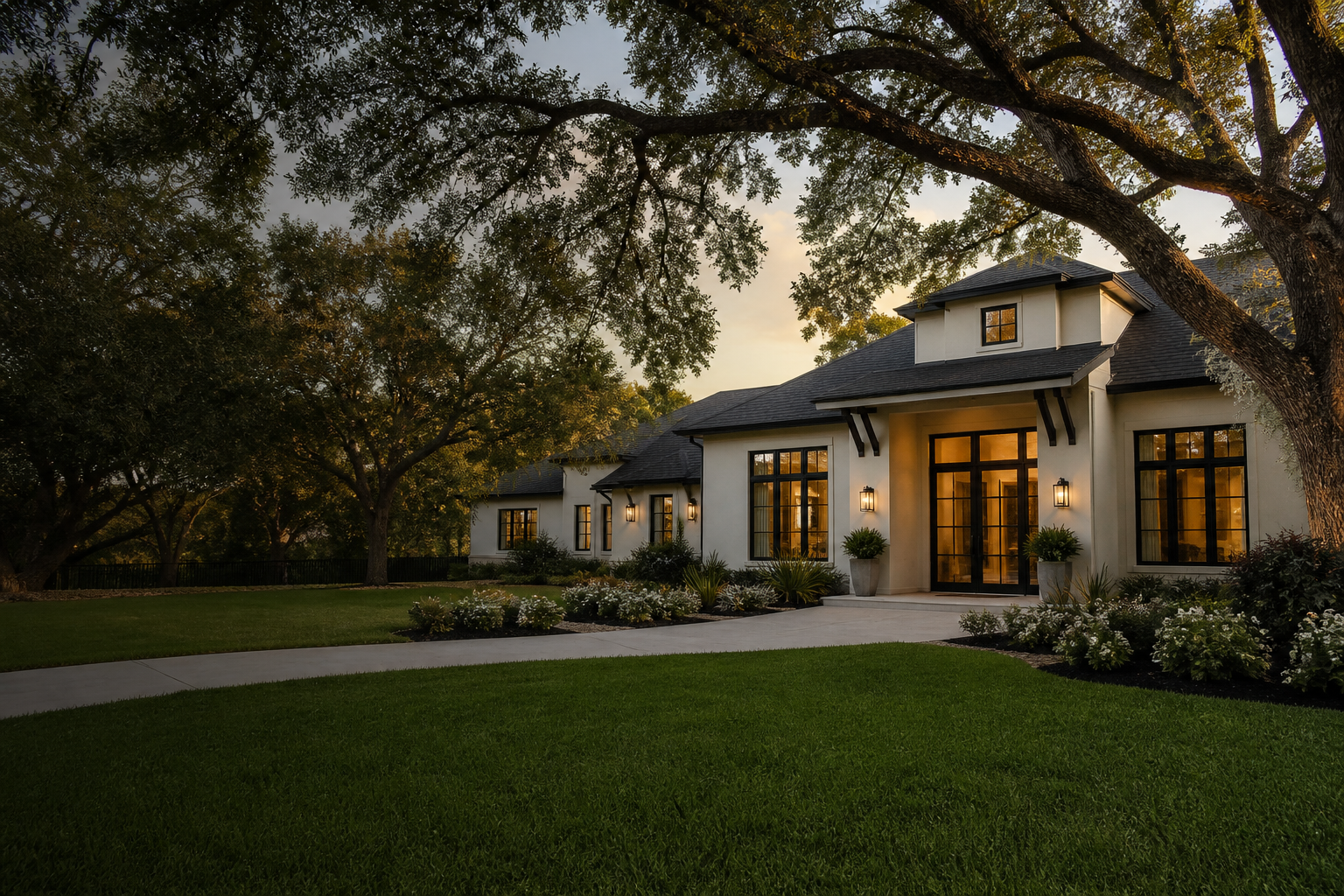 Warmly lit Houston-area home surrounded by mature trees